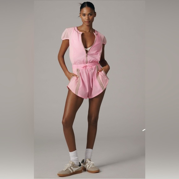 Daily Practice Pants - 🆕 Daily Practice Puff Sleeve Front Zip Pink and Tan Short Sleeve Romper